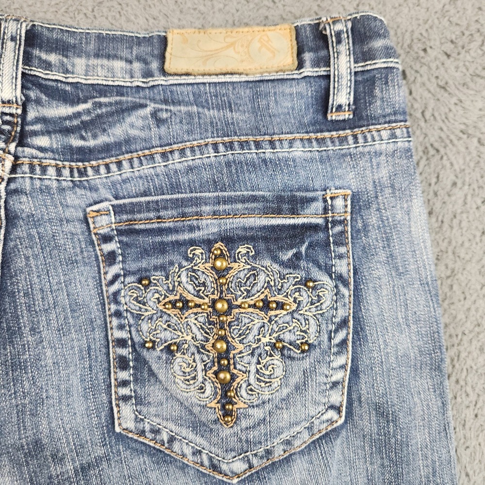 Firefly Straight Jeans Womens 12 Blue Mid Rise Stretch Embellished Cross Pockets